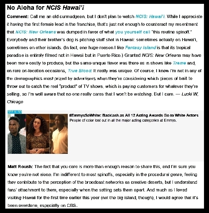 TV Guide "Ask Matt" published 09/21/21, second comment & Roush resopnse